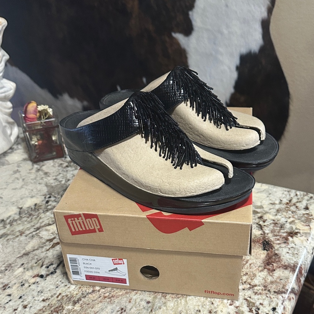FitFlop Black and Cream Fringe Sandals